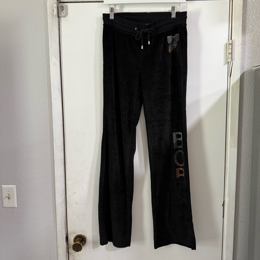 BCBGMaxazria Black Embellished Velour Track Suit Pants